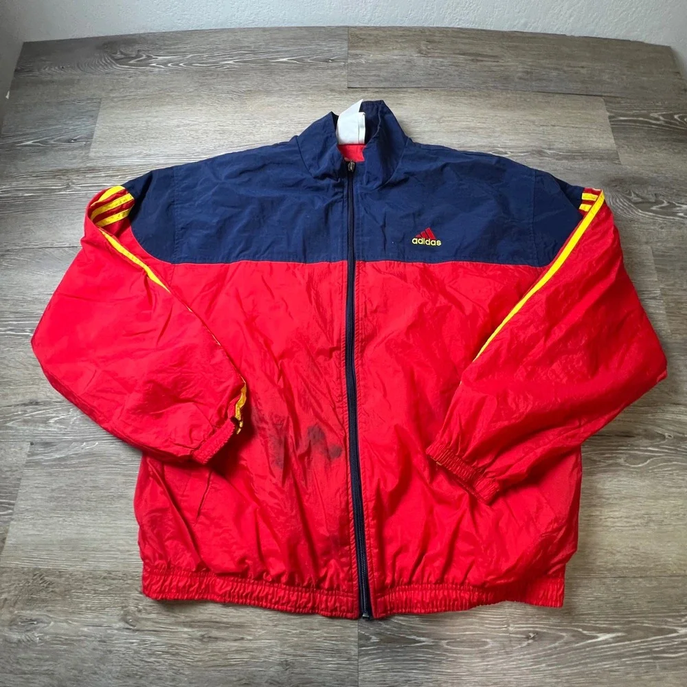 Adidas Windbreaker Mens XL Red Navy Blue Vintage Colorblock Full Zip Jacket